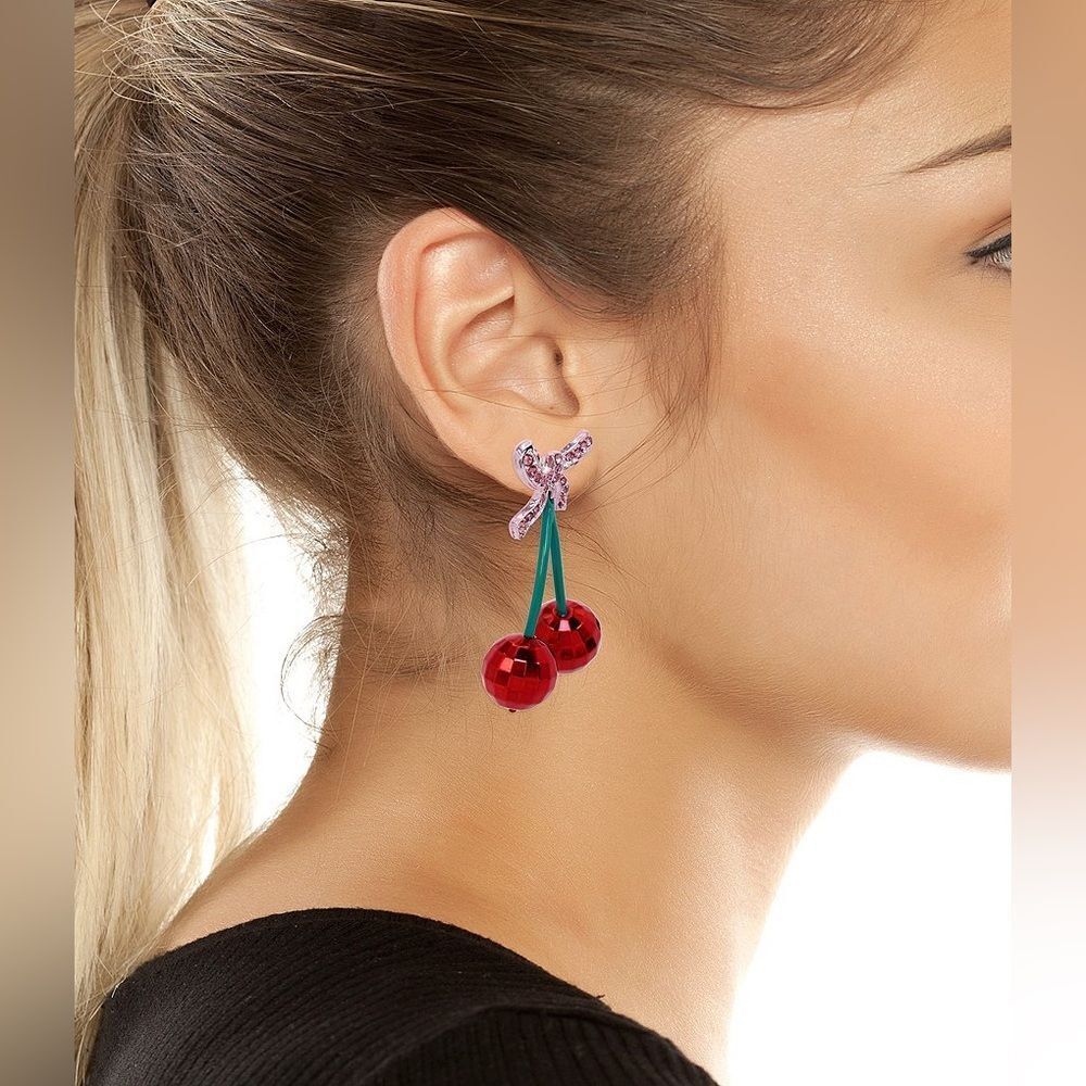 Betsey Johnson Cherry Bow Drop Earrings – Fun & Playful - Picture 3 of 5